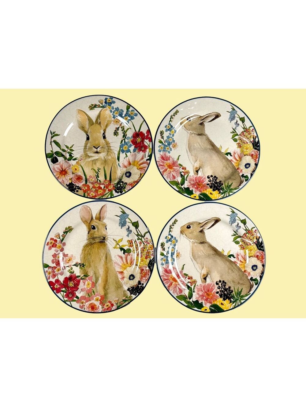 Set of 4 Pottery Barn Floral Bunny Stoneware 8.5 in Plates Easter Spring Decor